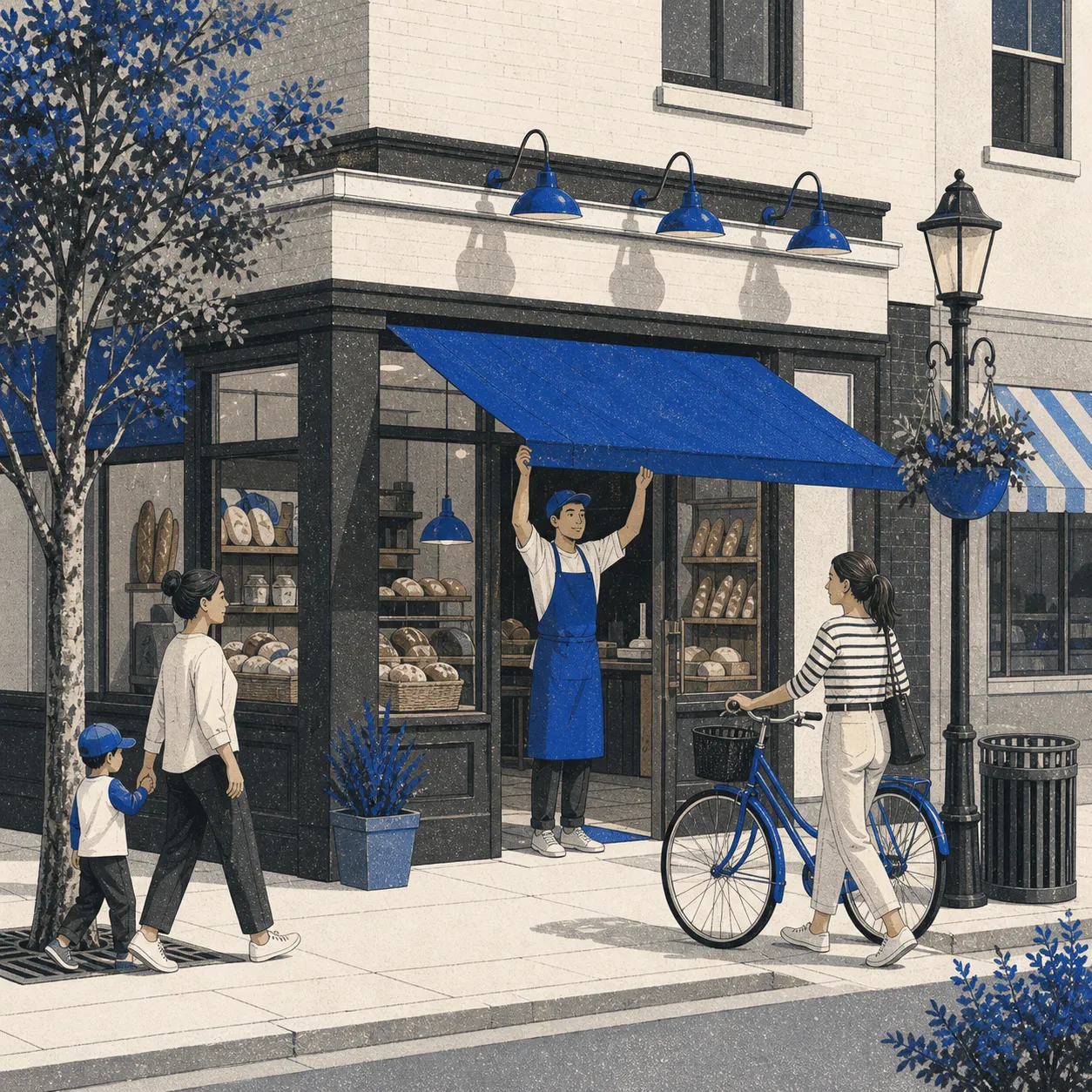 A neighborhood bakery owner opening the storefront for the morning