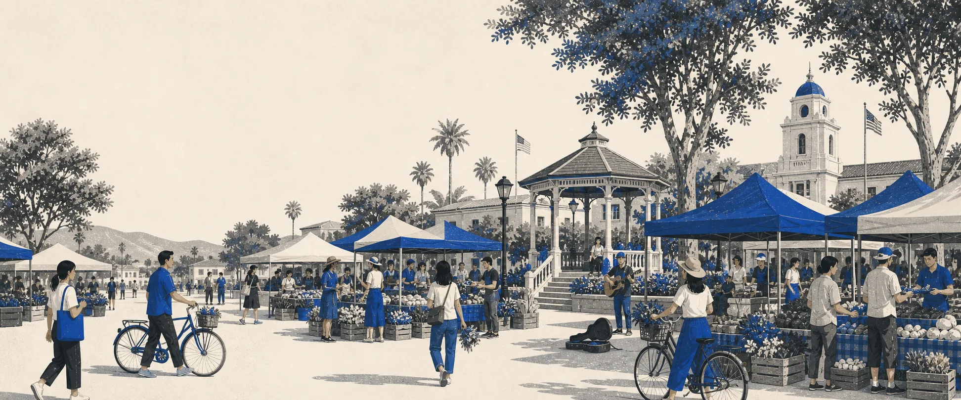Neighbors browsing a busy farmers market in a California town square