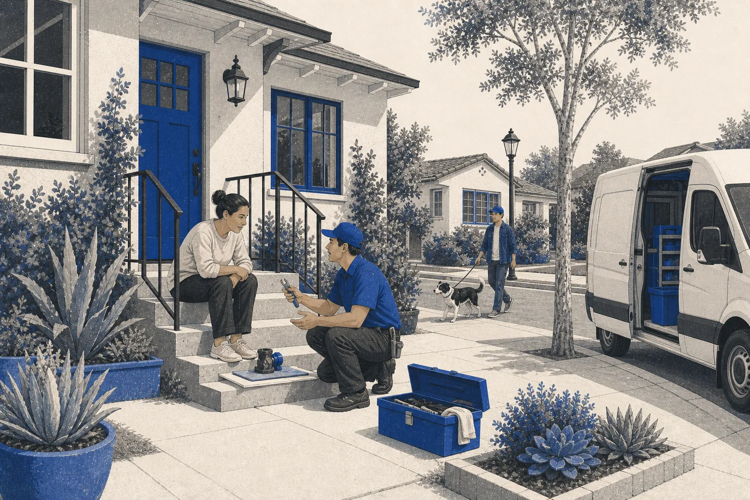 A local repair professional speaking with a homeowner at the front steps