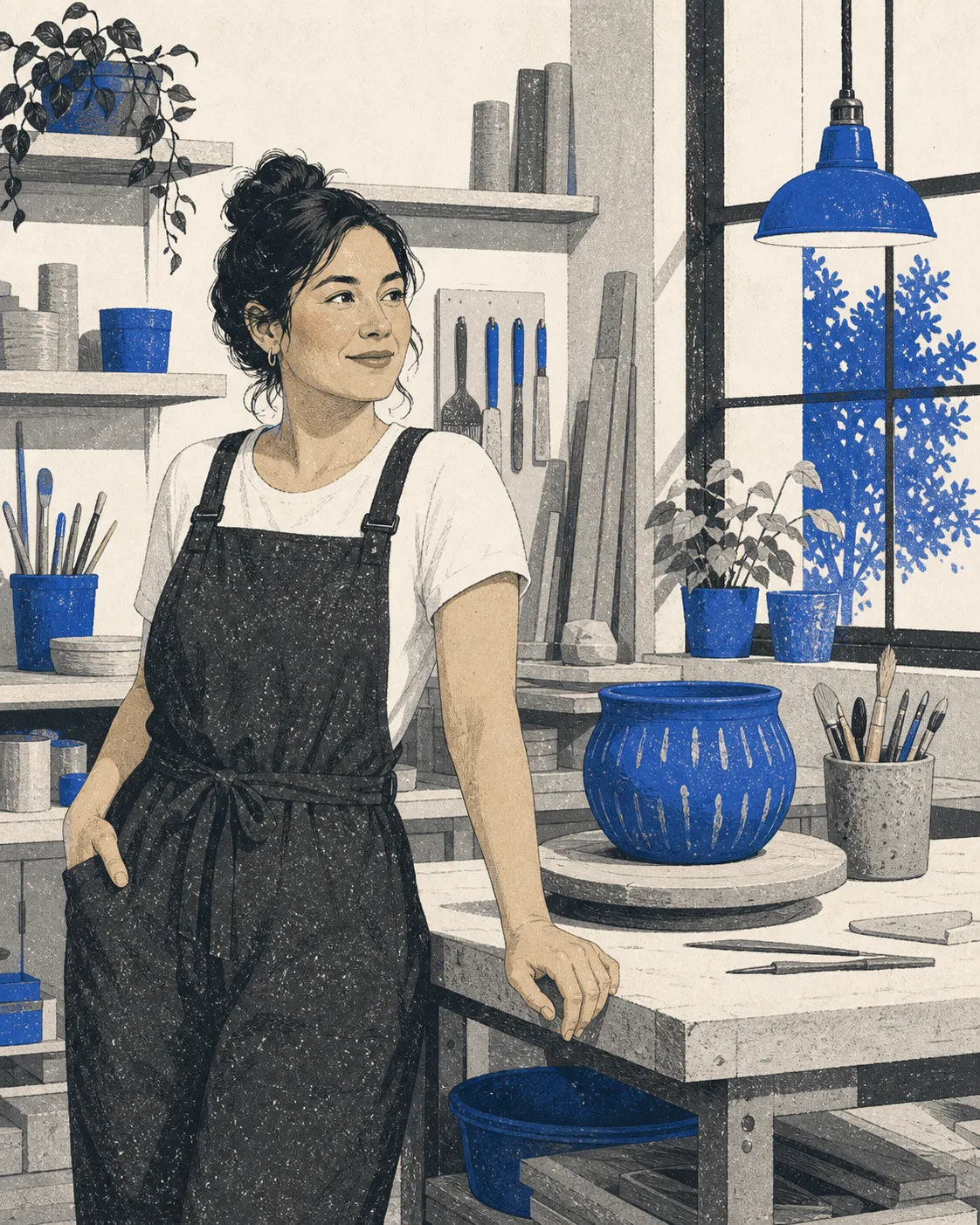 A local maker standing beside a workbench in a bright studio