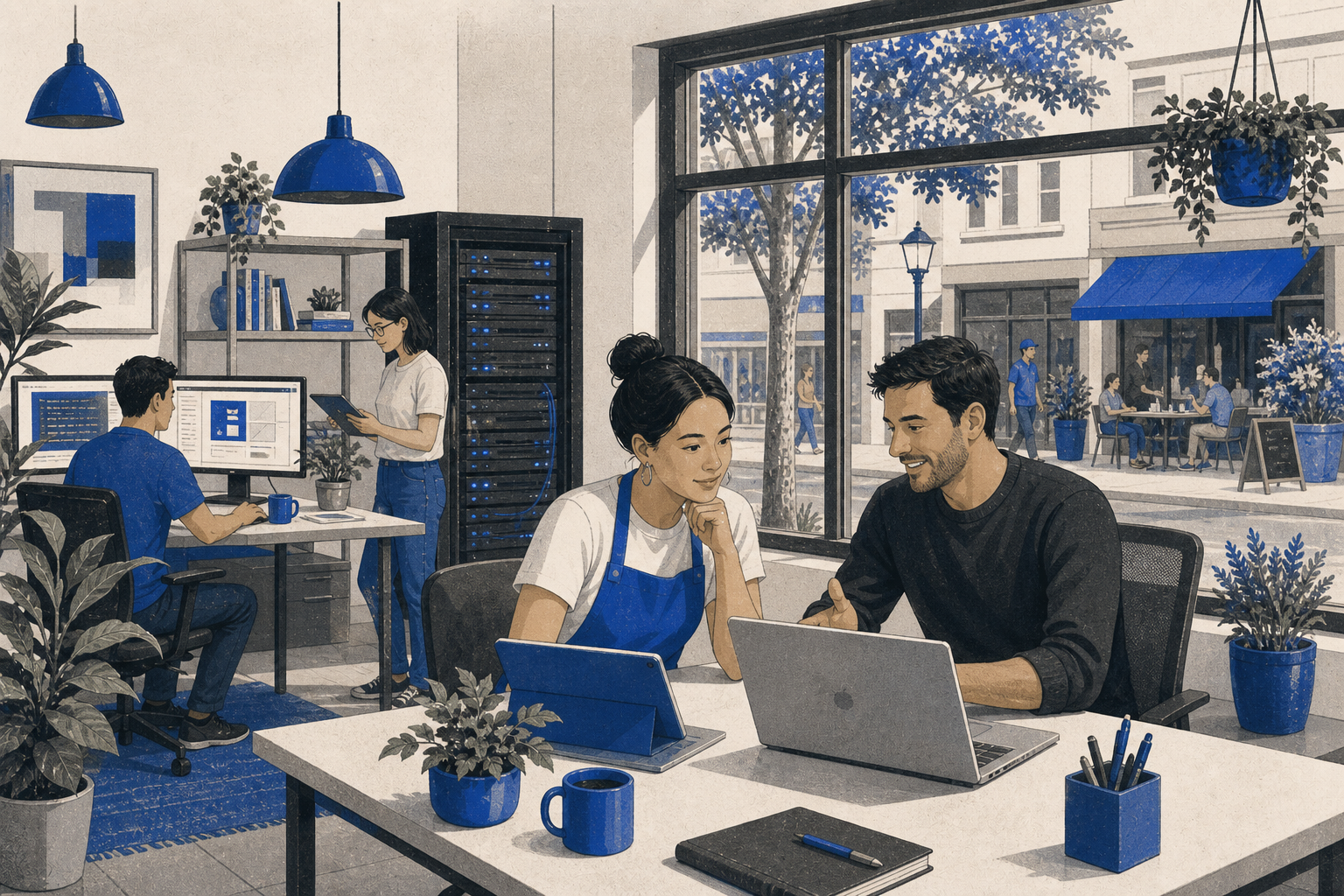 A local business owner and technology specialist working together in a neighborhood studio.